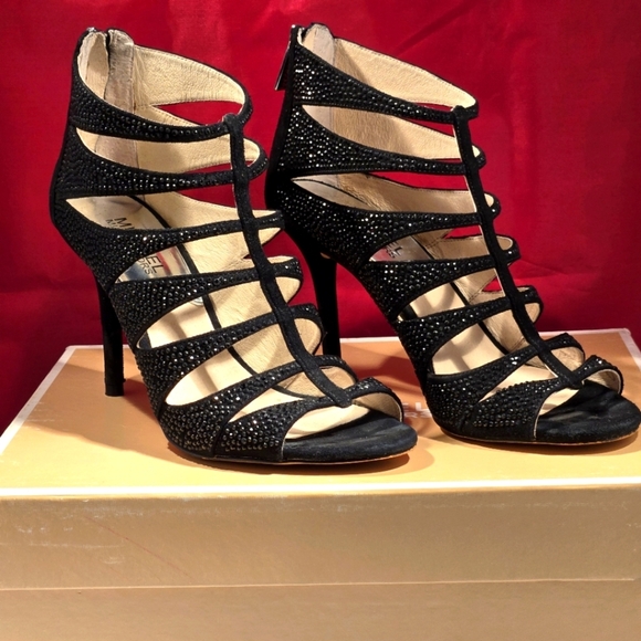 MICHAEL Michael Kors Woman's Mavis Open Toe Black Suede Heel Sandals w/ Crystals - Picture 1 of 13